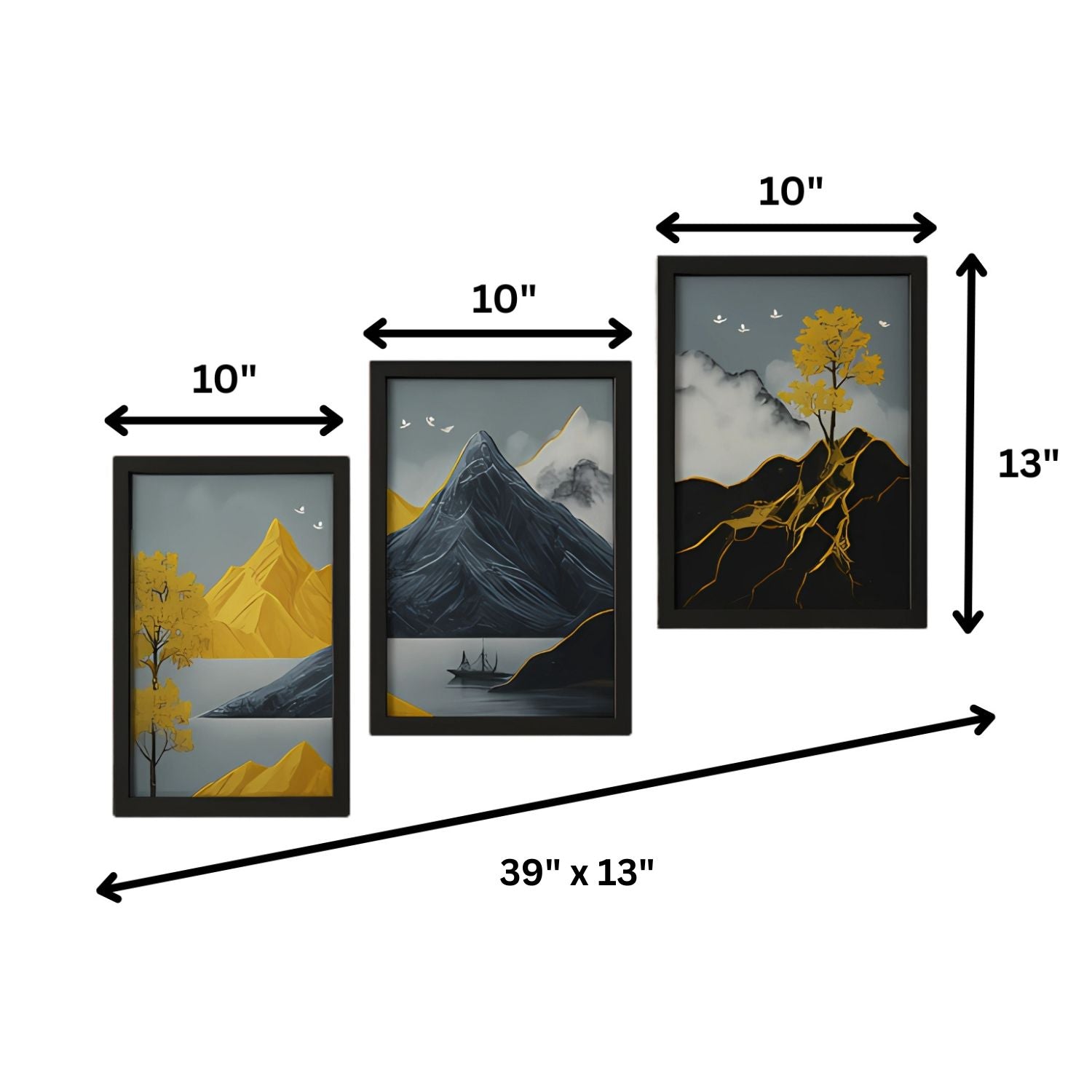 Abstract Golden Mountain Landscape Wall Art Set - 3 Framed Nature-Inspired Prints