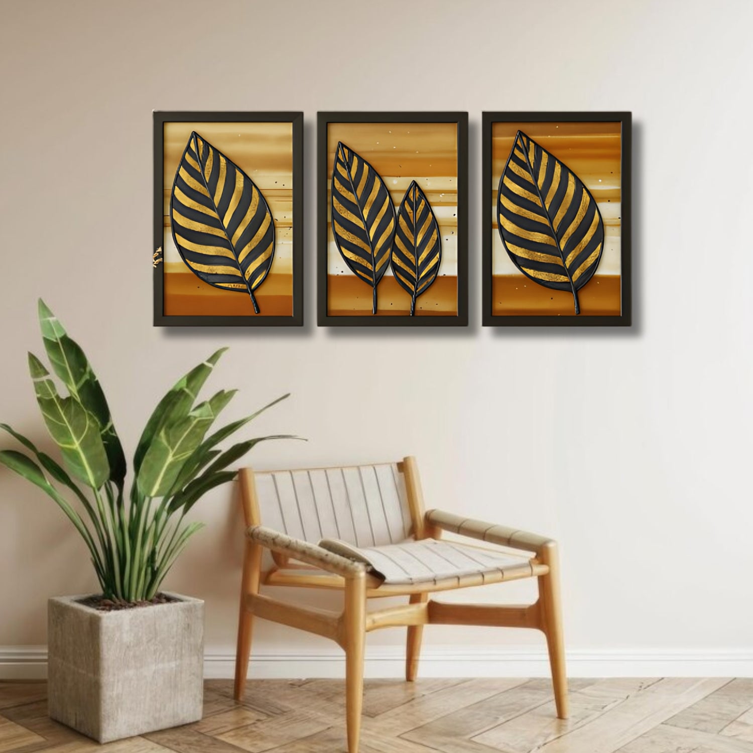 Beautiful Textured Golden Leaf Wall Art Set on Rustic Earth-Tone Canvas