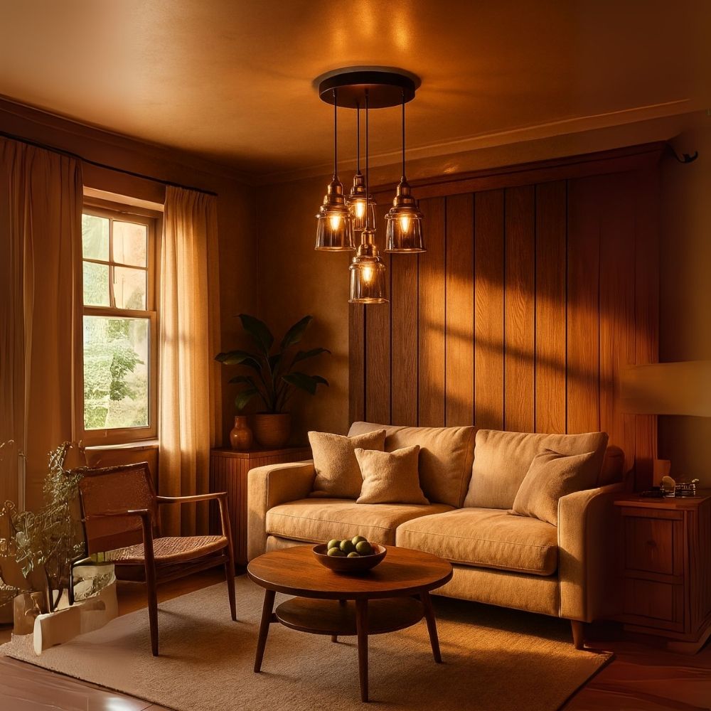 Luxury 4-Light Ceiling Pendant - Antique Gold With Smoke Grey/Amber Glass Chandelier