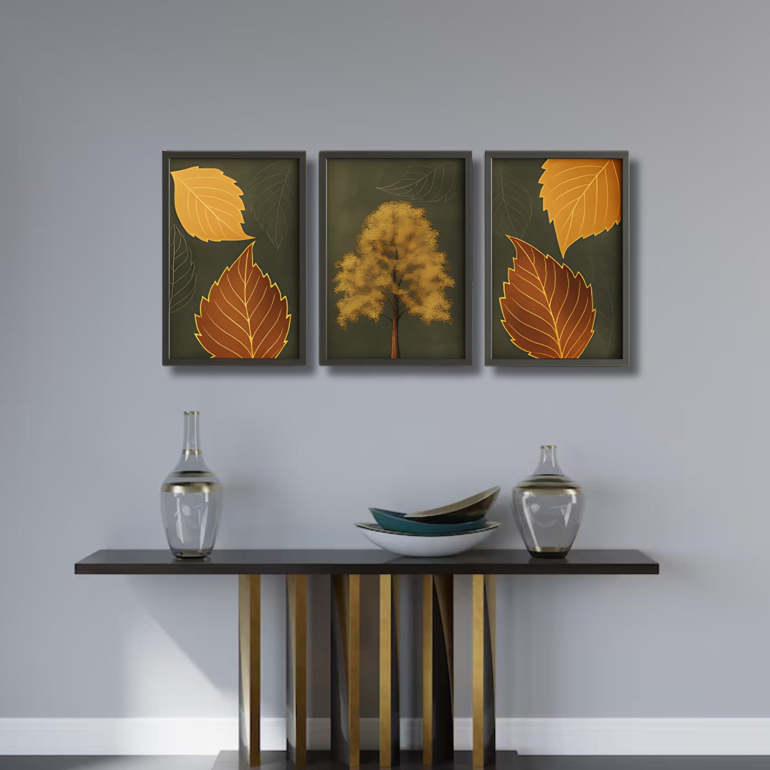 Autumn Golden Leaf Wall Art Set - 3 Framed Botanical Nature Prints
