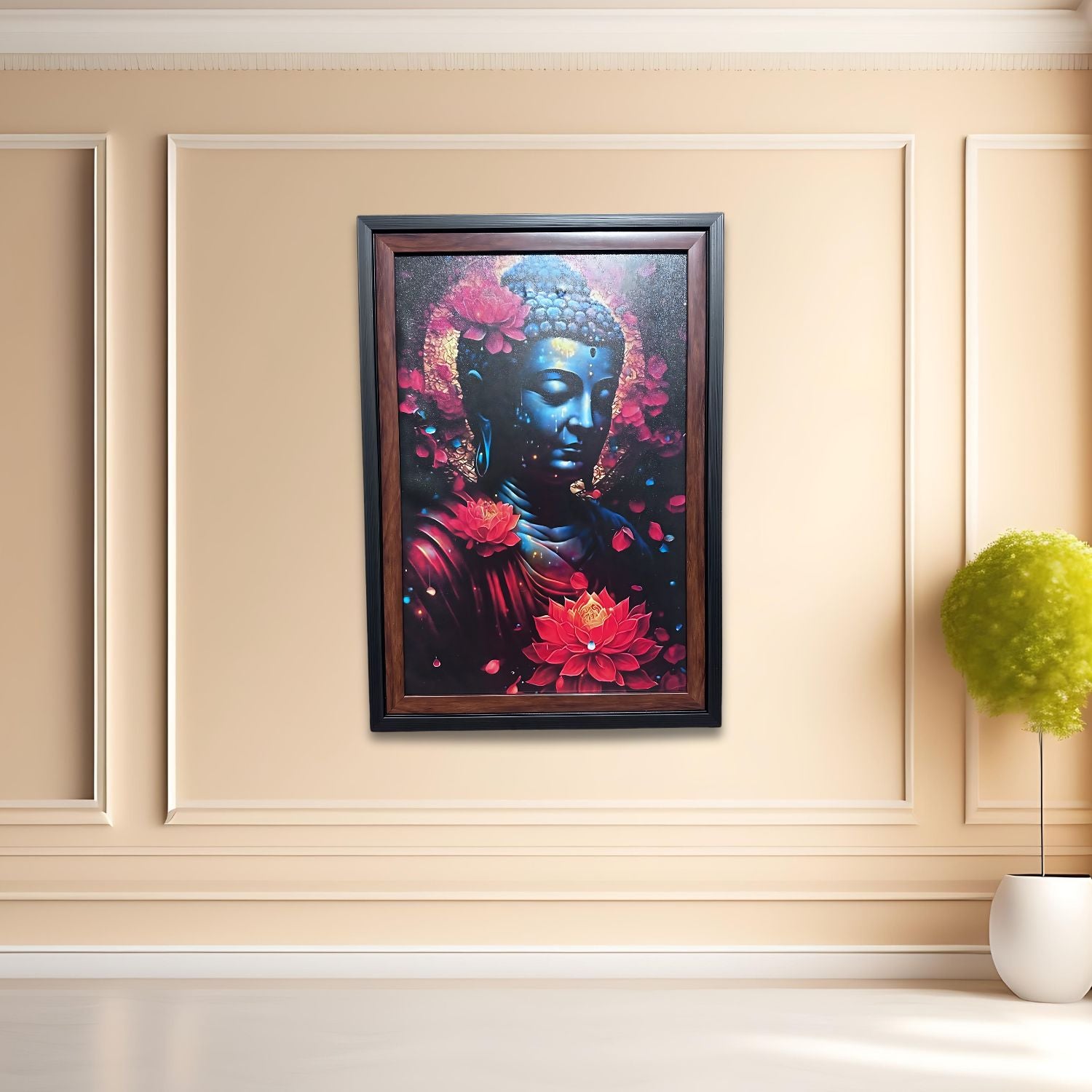 Peaceful Blue Buddha With Lotus Flowers Spiritual Wall Art Decor