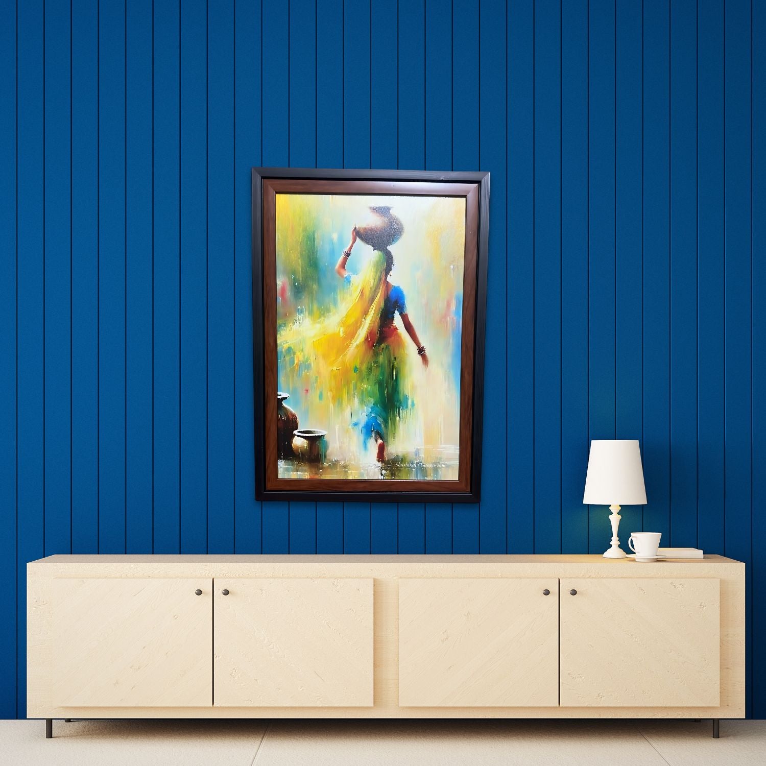 Graceful Indian Village Woman Painting With Pot - Framed Wall Art Decor