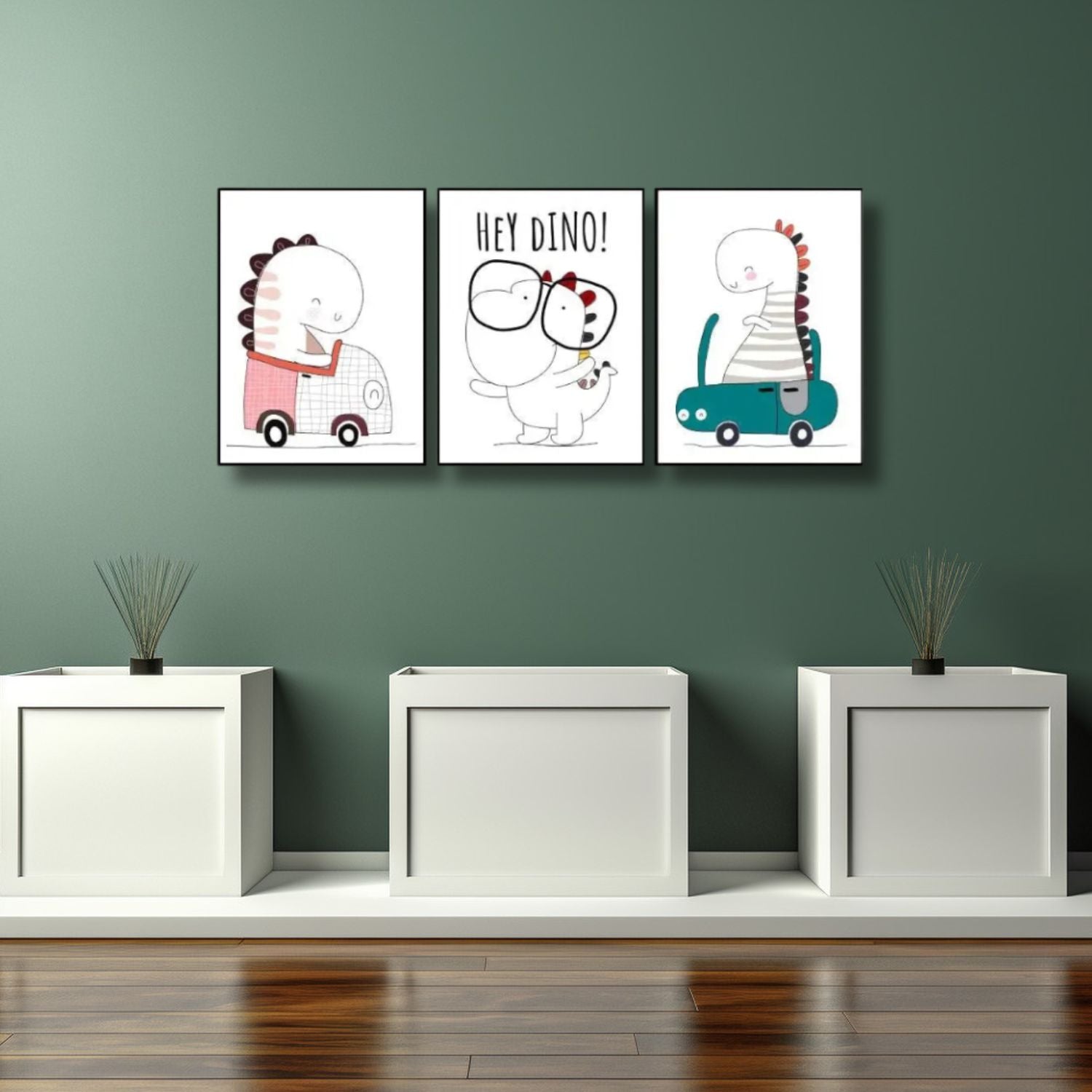 Cute Baby Dinosaur Nursery Wall Art - Set of 3 Framed Prints For Kids Room