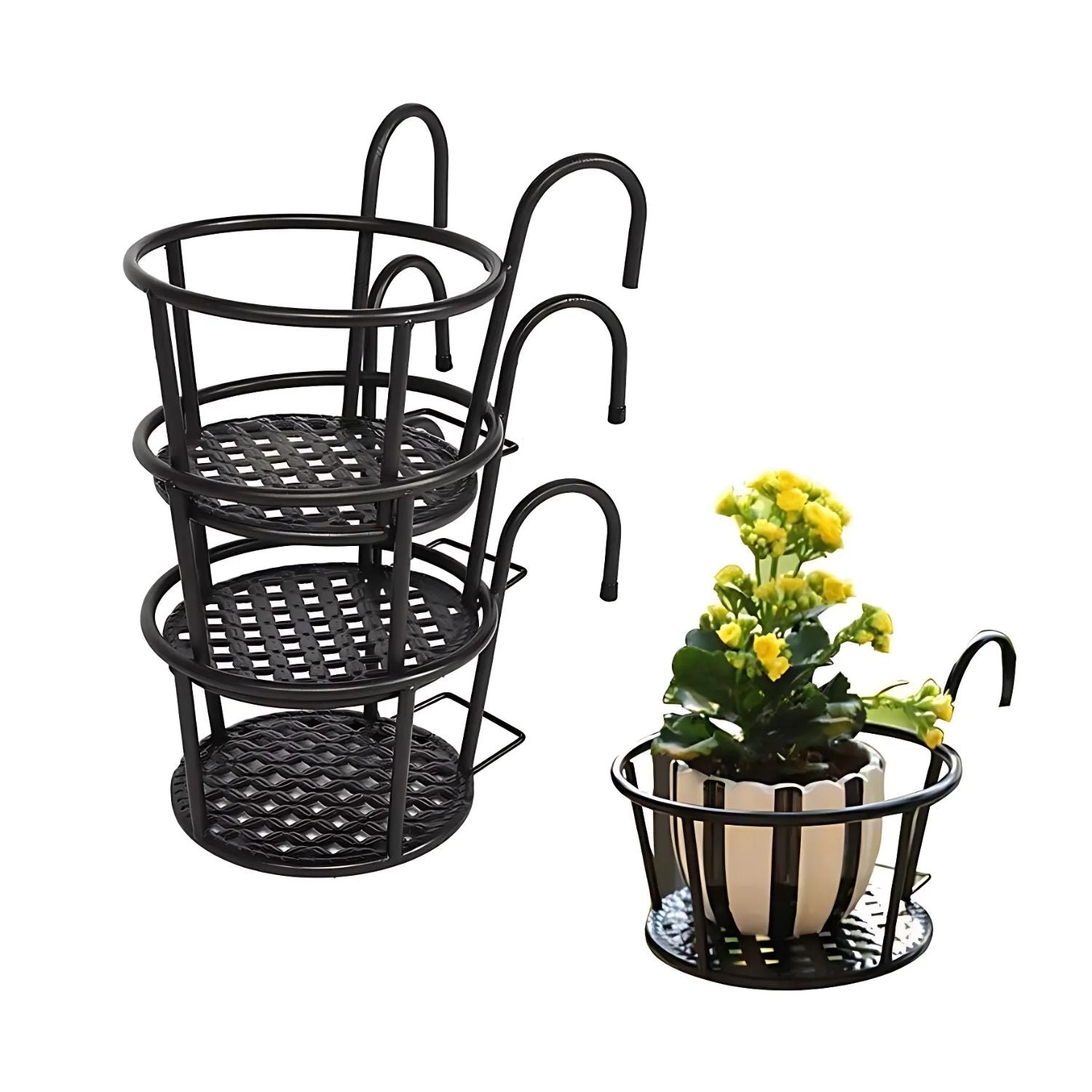 Handcrafted Metal Balcony Railing Plant Stand - Round Pot Holder for Outdoor Decor (Set of 3)