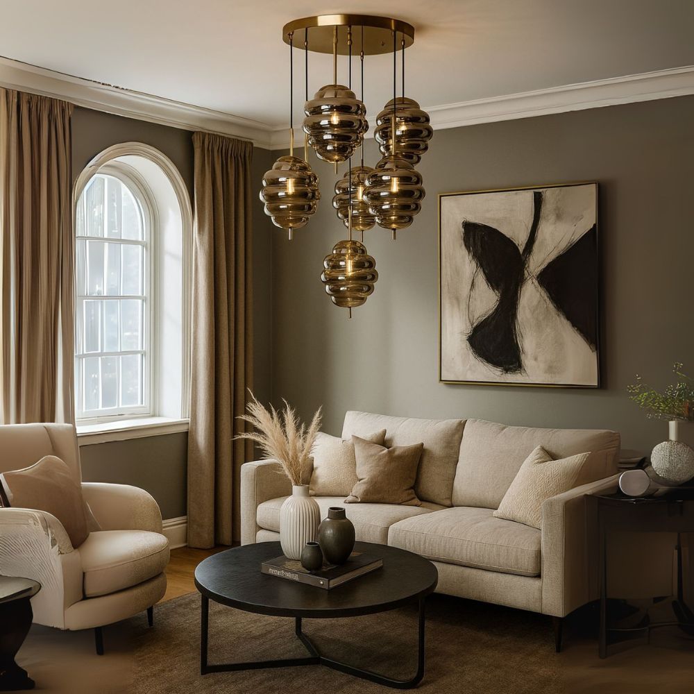 Elegant Modern Ceiling Light - Antique Gold With Amber/Smoke Grey Glass Chandelier