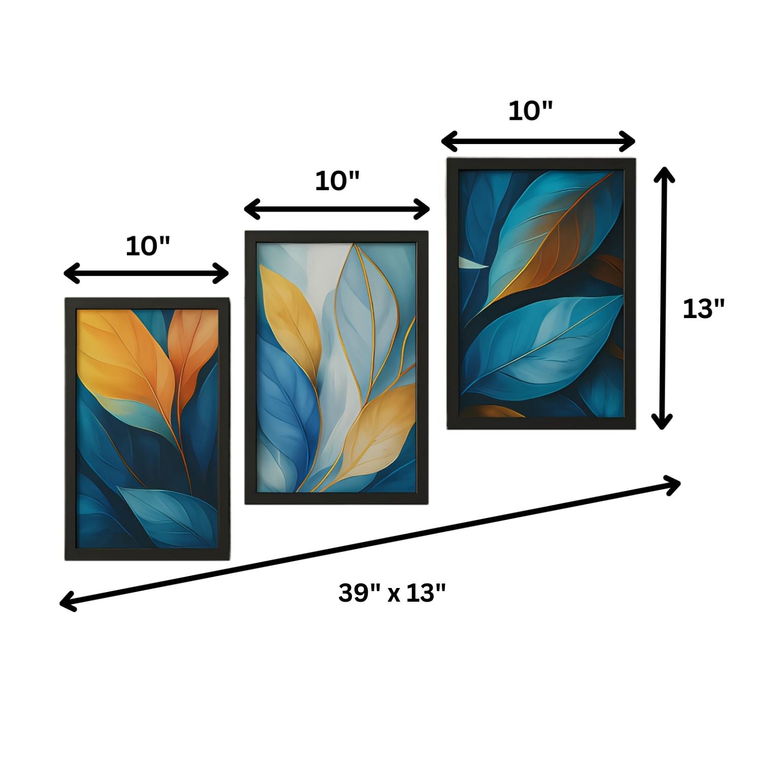 Modern Botanical Leaf Wall Art Set - 3 Framed Blue and Gold Prints