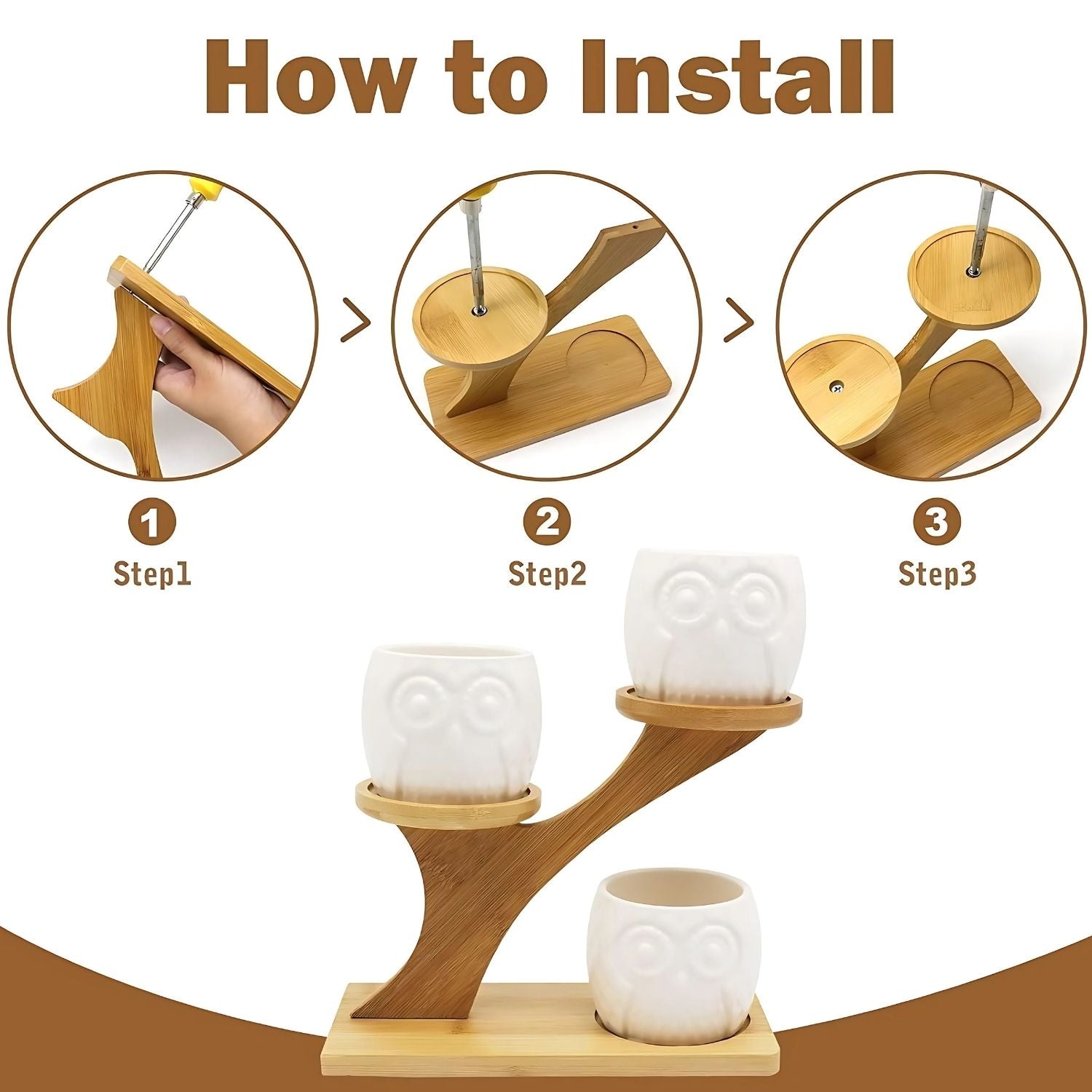 Elegant Multi-Tier Bamboo Plant Stand With 3 Ceramic Owl Planters