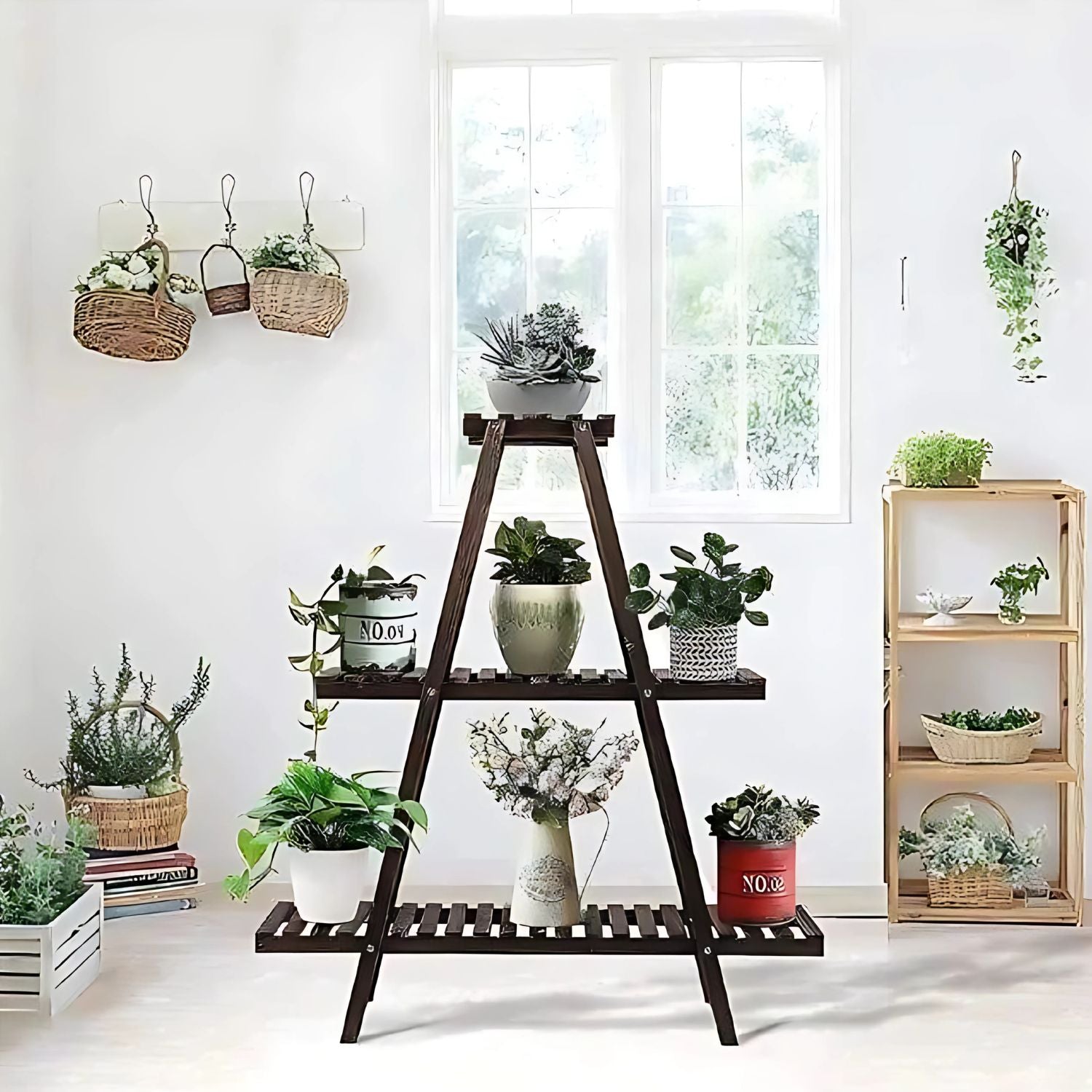 Elegant Wooden Triangular Multi-Tier Plant Stand For Indoor Outdoor Display
