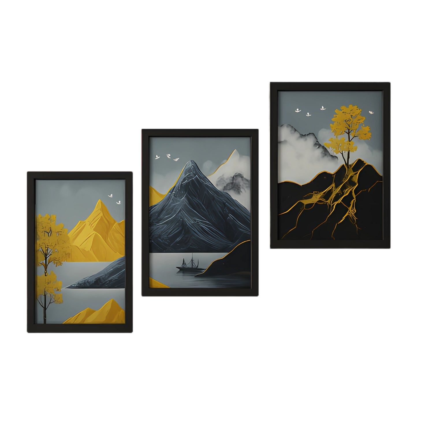 Abstract Golden Mountain Landscape Wall Art Set - 3 Framed Nature-Inspired Prints