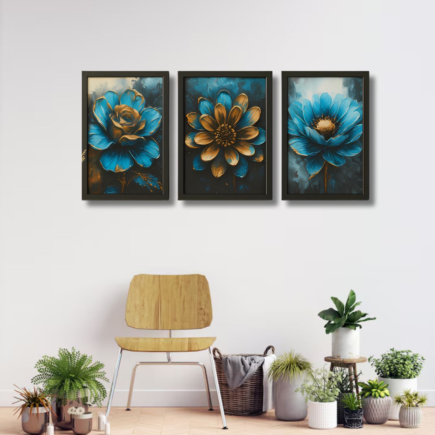 Beautiful Modern Bold Blue and Gold Floral Canvas Wall Art Set of 3