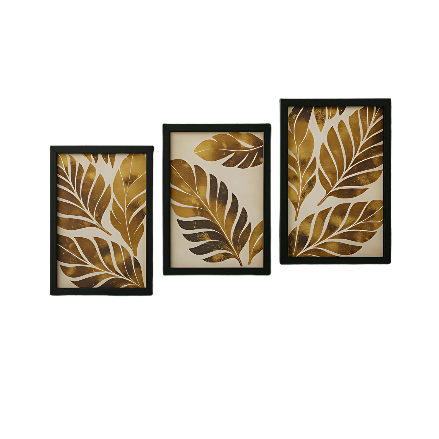 Abstract Golden Leaf Wall Art Set - 3 Framed Botanical Prints for Decor