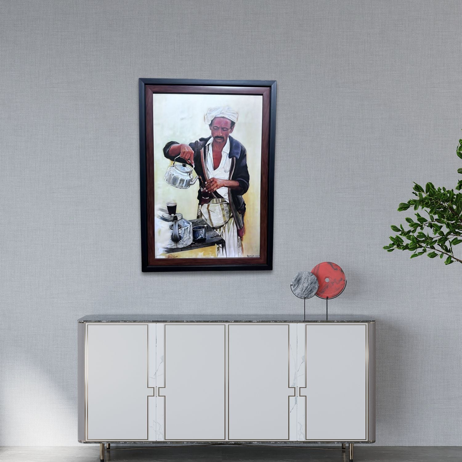 Traditional Coffee Ceremony Art - Framed Ethnic Wall Painting Of Barista Pouring