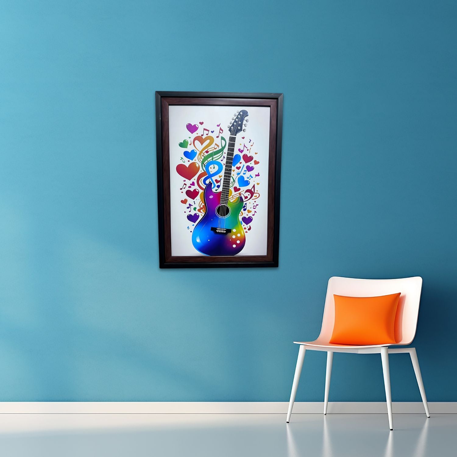 Colorful Guitar Wall Art with Musical Notes - Vibrant Framed Decor Print