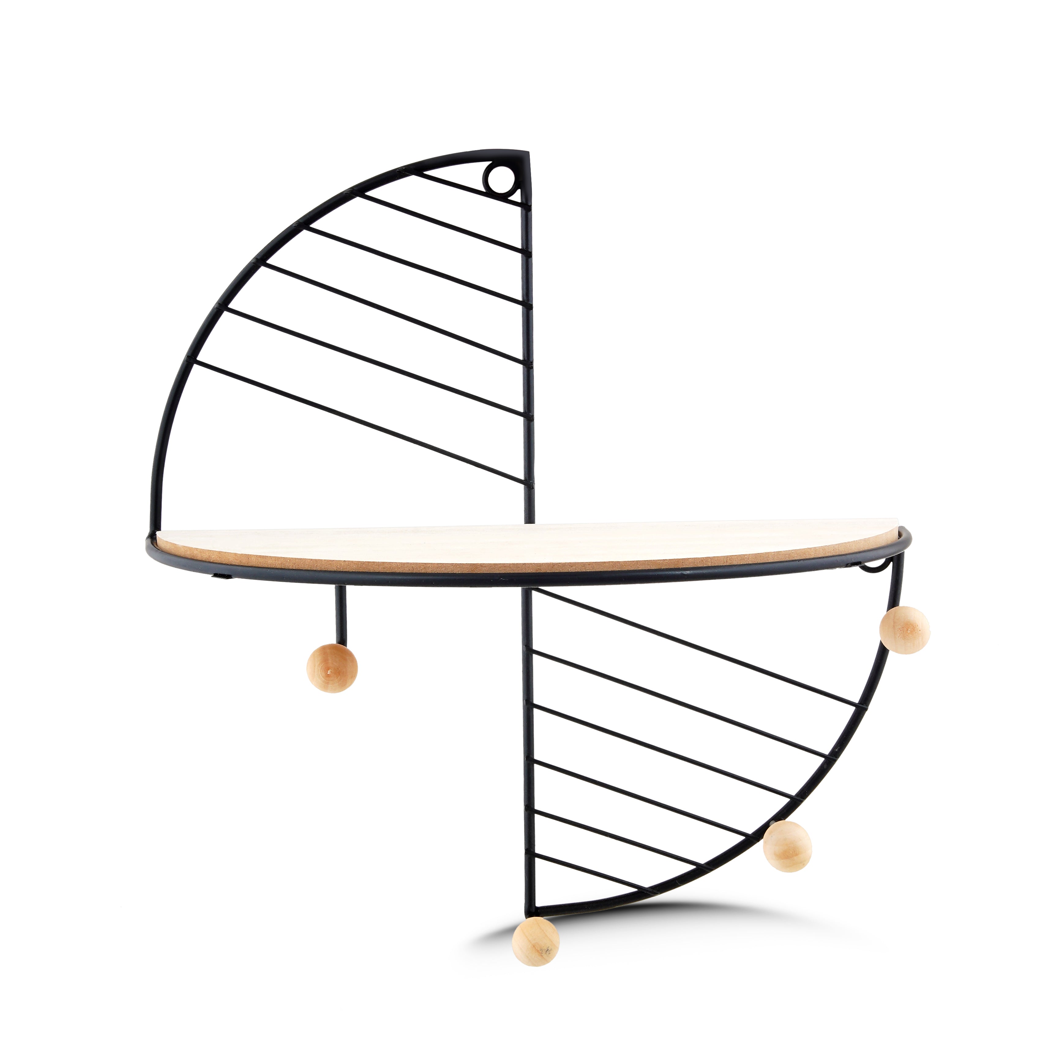 Modern Corner Wall Shelf – Wooden Base with Black Metal Frame & Hooks