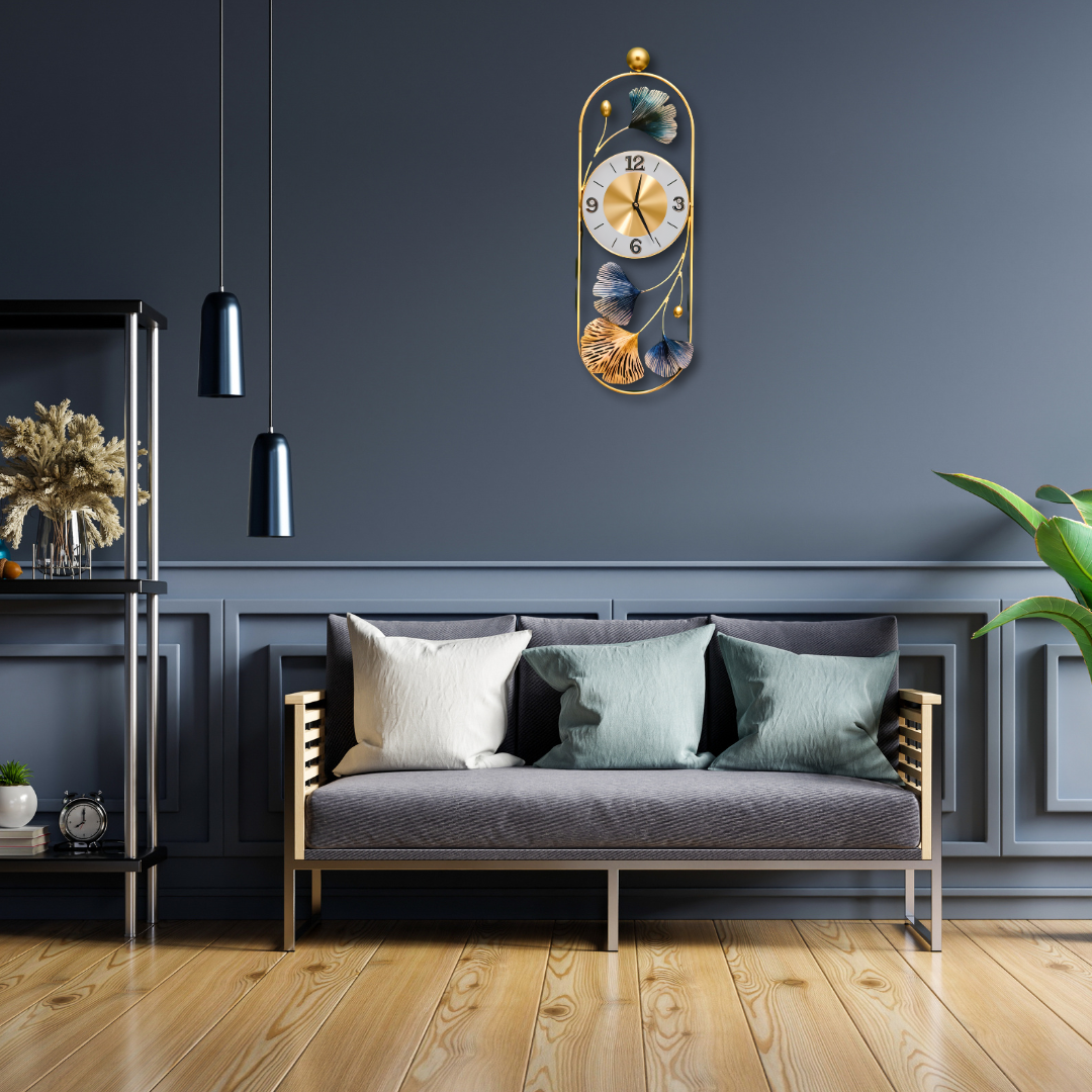 Modern Floral Metal Wall Clock – Elegant Gold & Blue Design