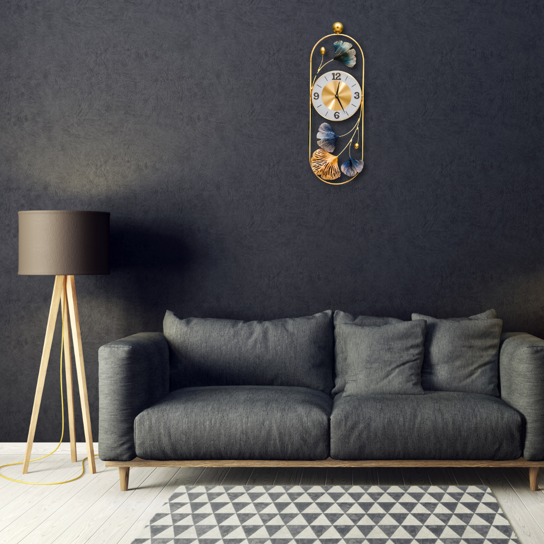 Modern Floral Metal Wall Clock – Elegant Gold & Blue Design