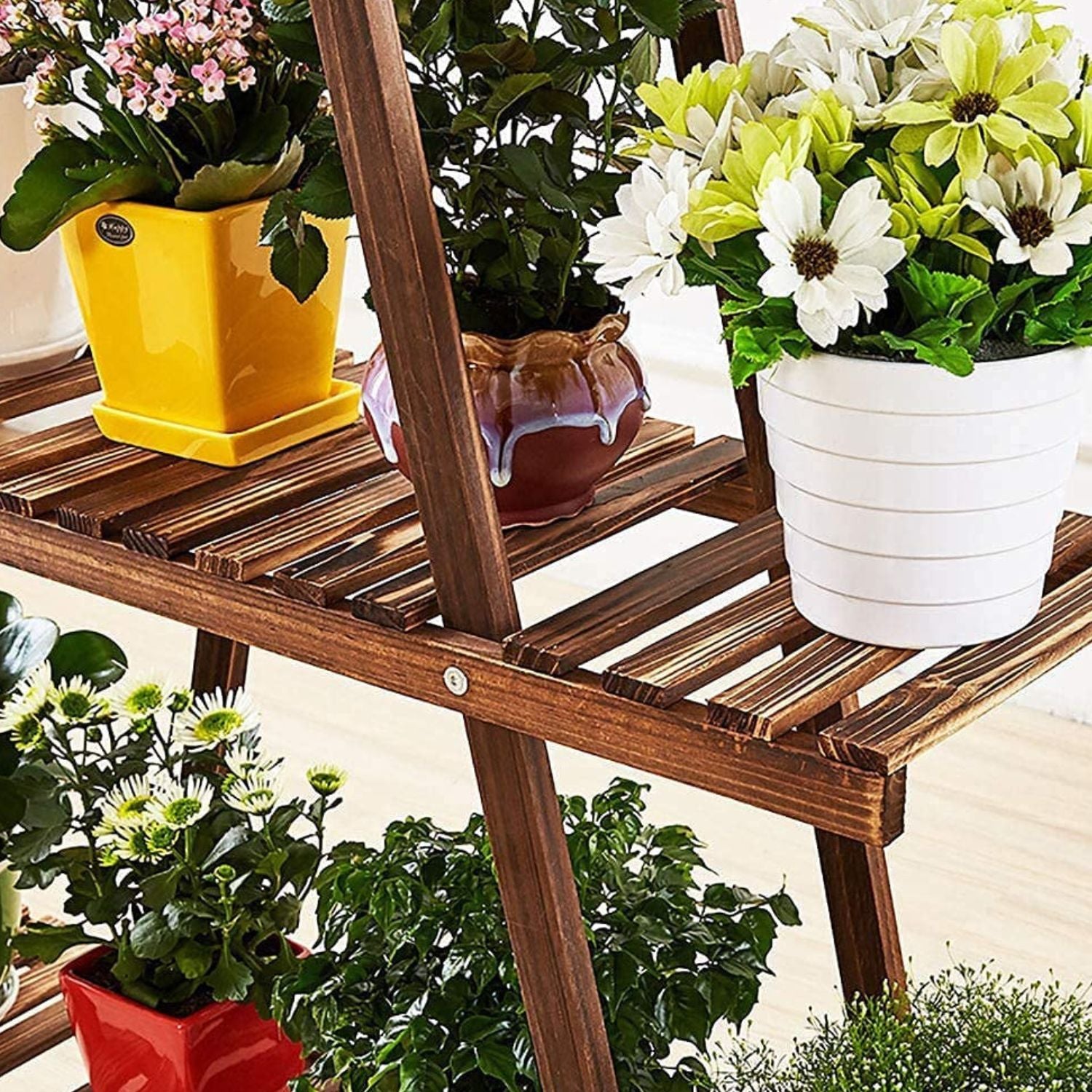 Elegant Wooden Triangular Multi-Tier Plant Stand For Indoor Outdoor Display