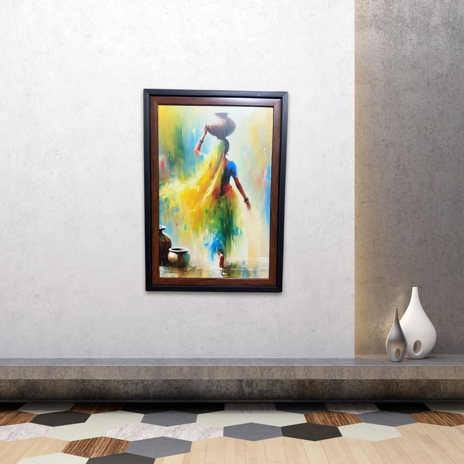 Graceful Indian Village Woman Painting With Pot - Framed Wall Art Decor