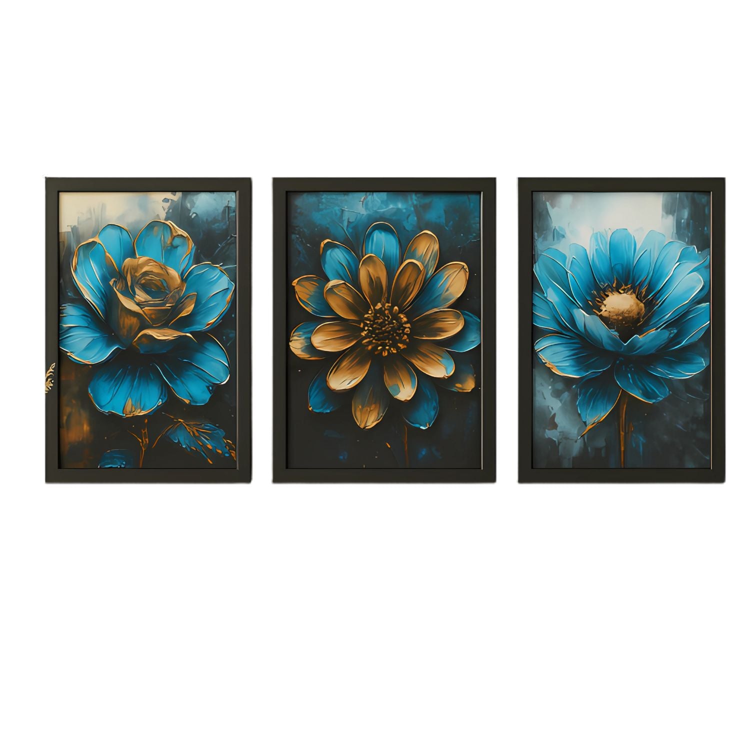 Beautiful Modern Bold Blue and Gold Floral Canvas Wall Art Set of 3