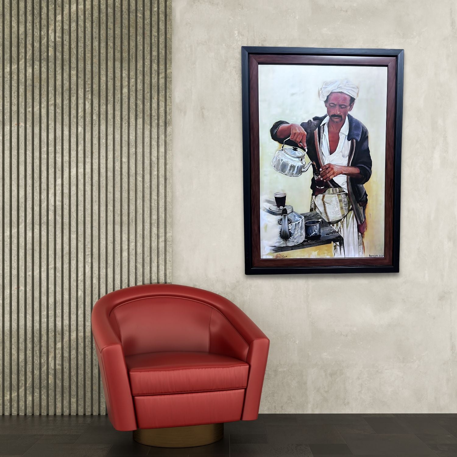 Traditional Coffee Ceremony Art - Framed Ethnic Wall Painting Of Barista Pouring