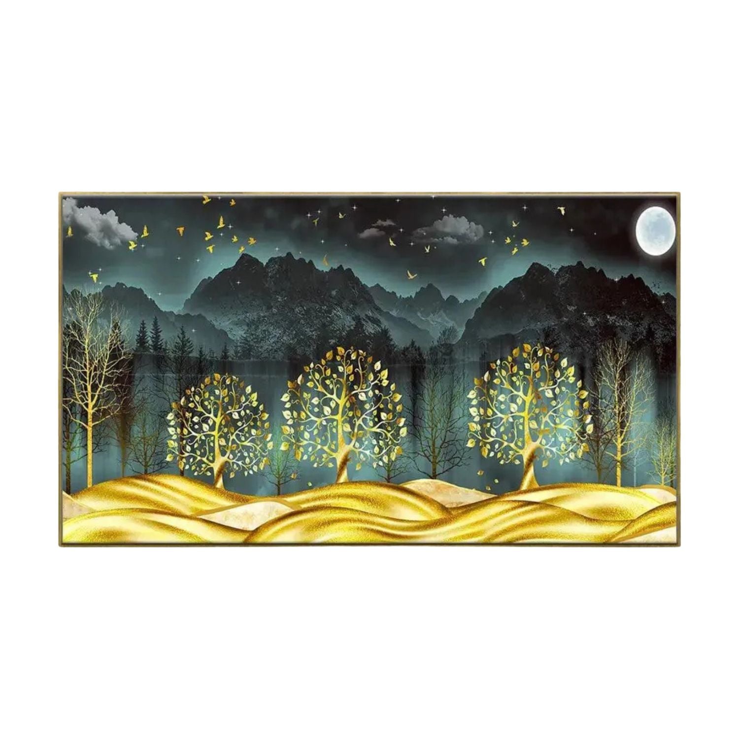 Golden Trees Under Moonlit Mountains Scenic Canvas Wall Art