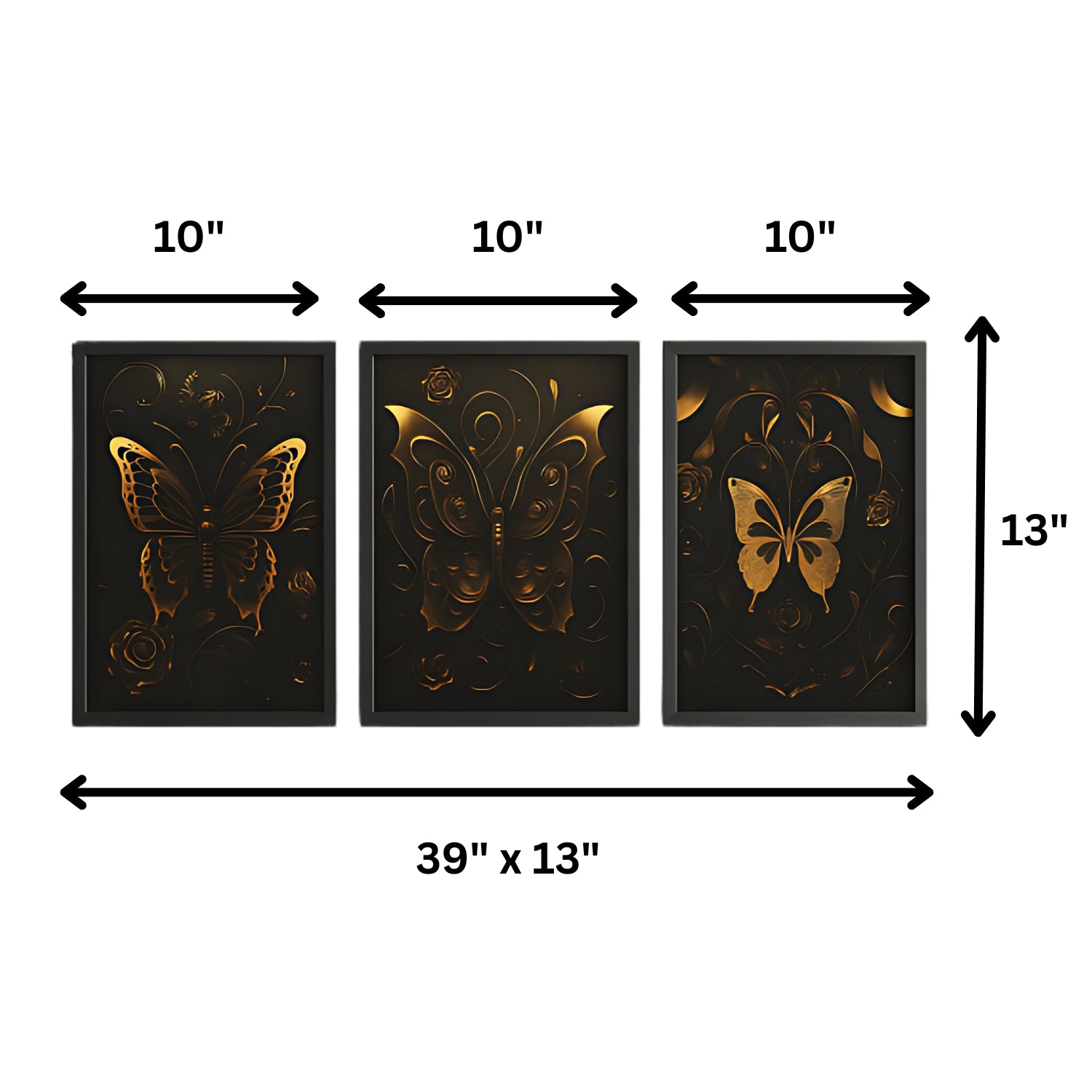 Luxury Black and Gold Butterfly Canvas Wall Art Trio Set