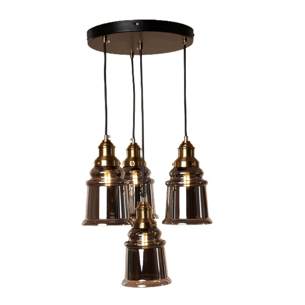 Luxury 4-Light Ceiling Pendant - Antique Gold With Smoke Grey/Amber Glass Chandelier