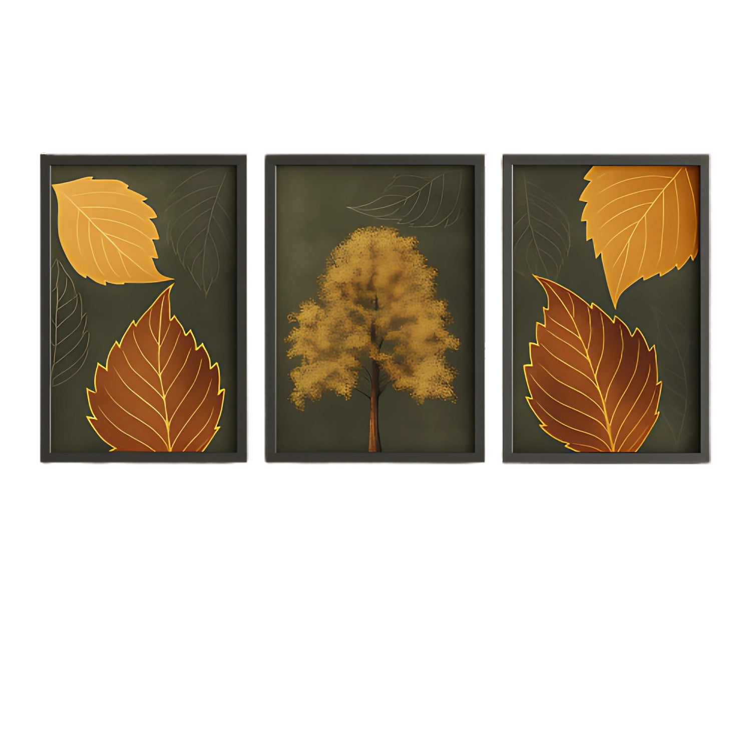 Autumn Golden Leaf Wall Art Set - 3 Framed Botanical Nature Prints