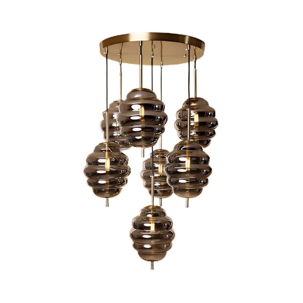 Elegant Modern Ceiling Light - Antique Gold With Amber/Smoke Grey Glass Chandelier