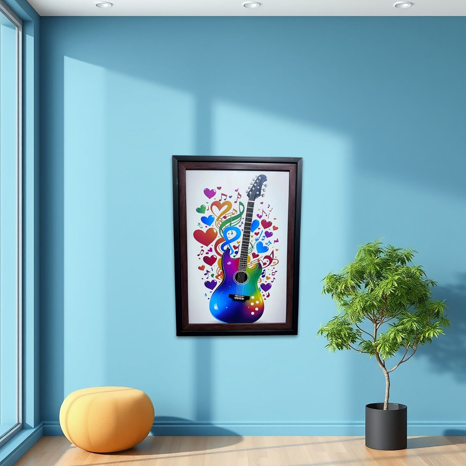 Colorful Guitar Wall Art with Musical Notes - Vibrant Framed Decor Print