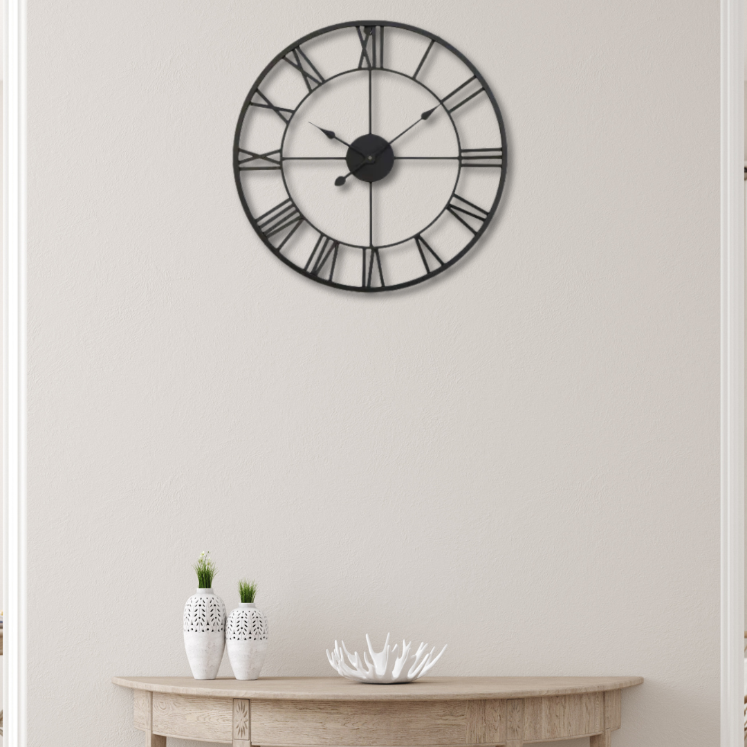 Roman Numeral Metal Wall Clock – Elegant Open-Frame Design