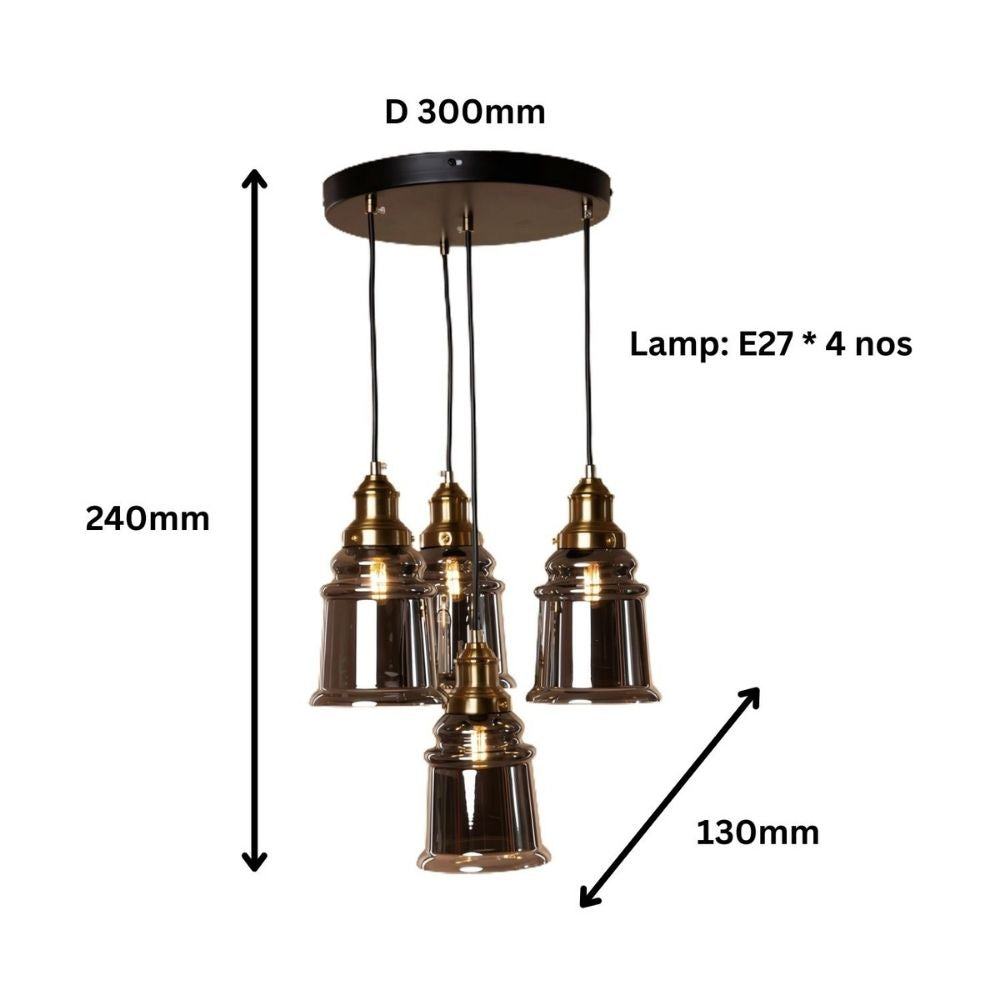 Luxury 4-Light Ceiling Pendant - Antique Gold With Smoke Grey/Amber Glass Chandelier