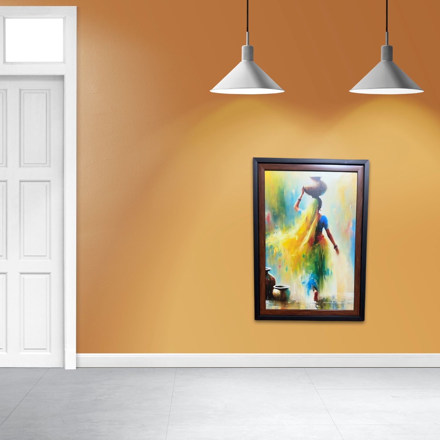 Graceful Indian Village Woman Painting With Pot - Framed Wall Art Decor