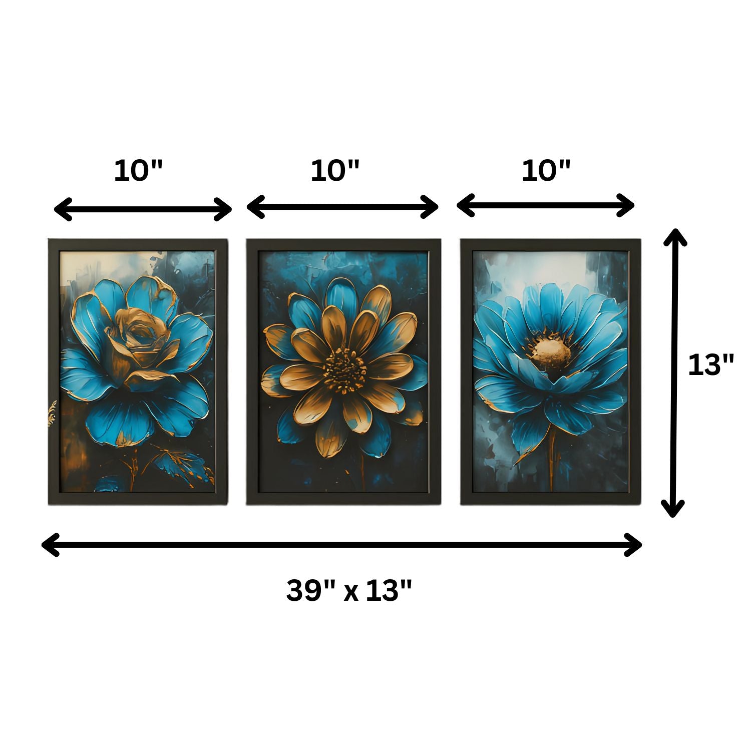 Beautiful Modern Bold Blue and Gold Floral Canvas Wall Art Set of 3