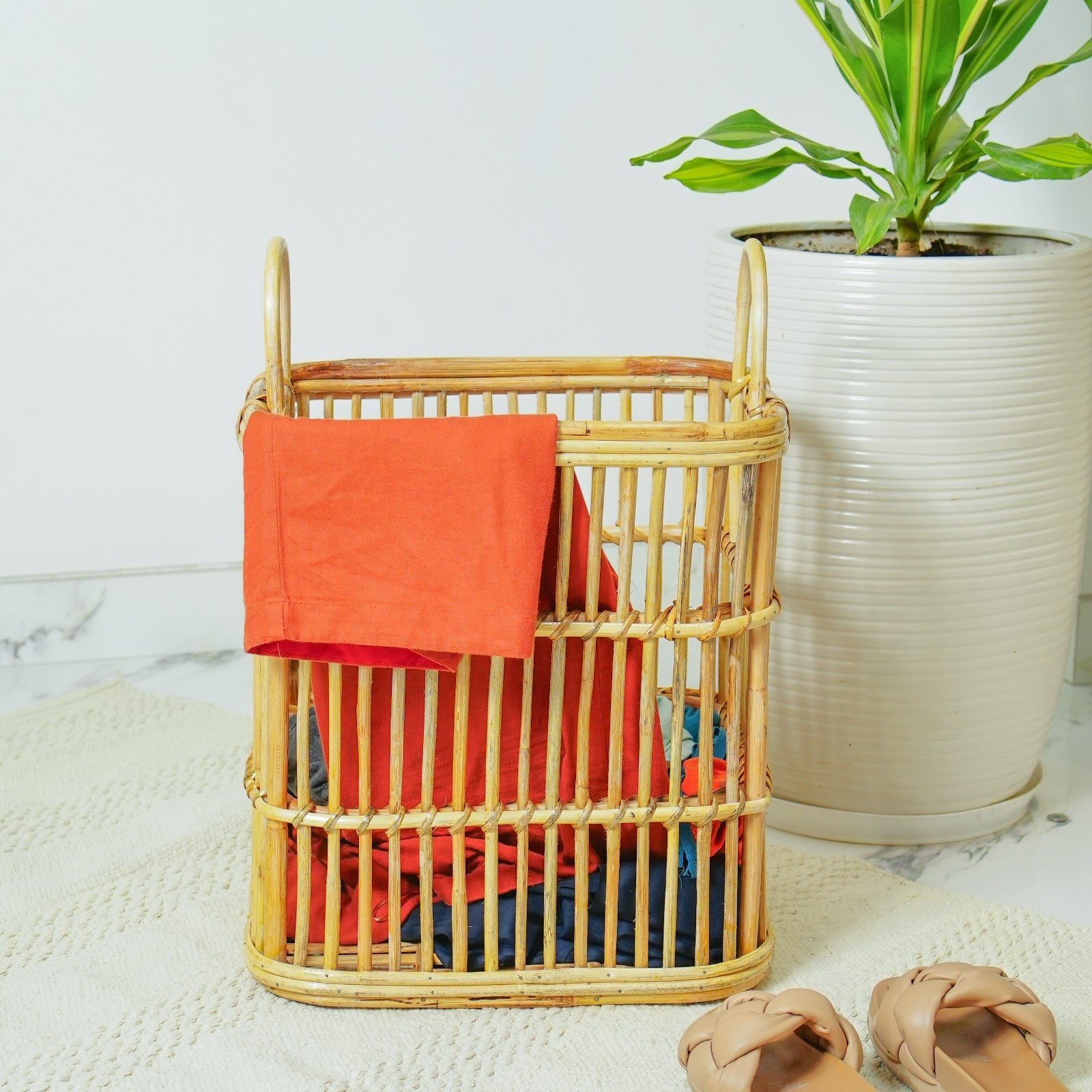 Rattan Laundry Basket – Tall Rectangular Organizer with Handles
