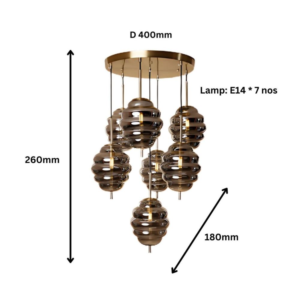 Elegant Modern Ceiling Light - Antique Gold With Amber/Smoke Grey Glass Chandelier