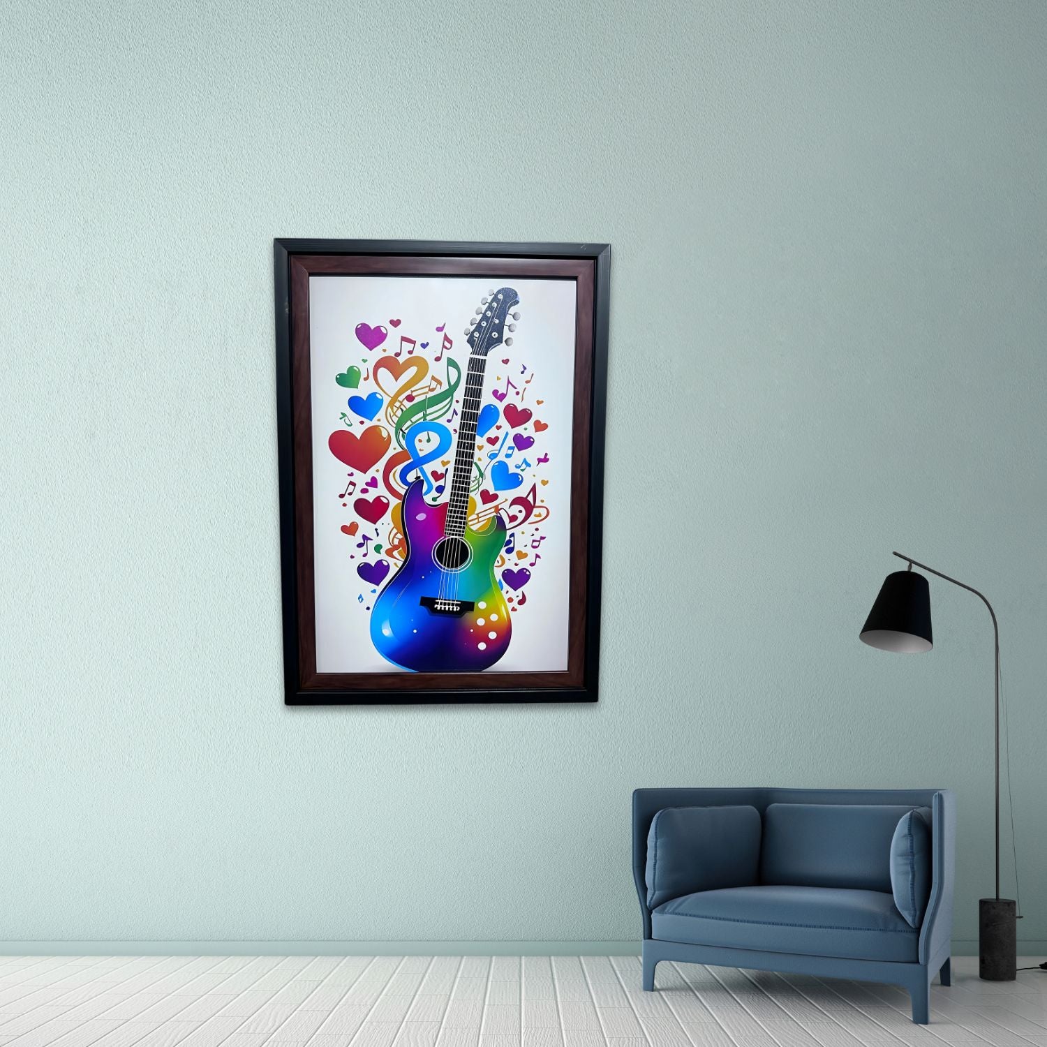 Colorful Guitar Wall Art with Musical Notes - Vibrant Framed Decor Print