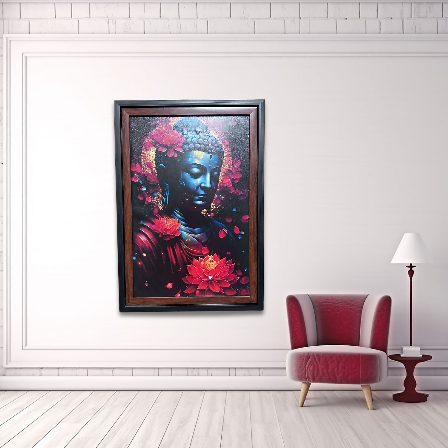 Peaceful Blue Buddha With Lotus Flowers Spiritual Wall Art Decor