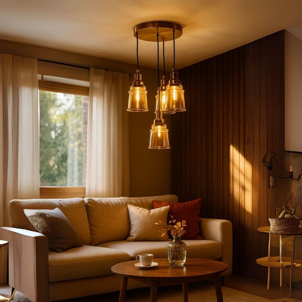 Luxury 4-Light Ceiling Pendant - Antique Gold With Smoke Grey/Amber Glass Chandelier