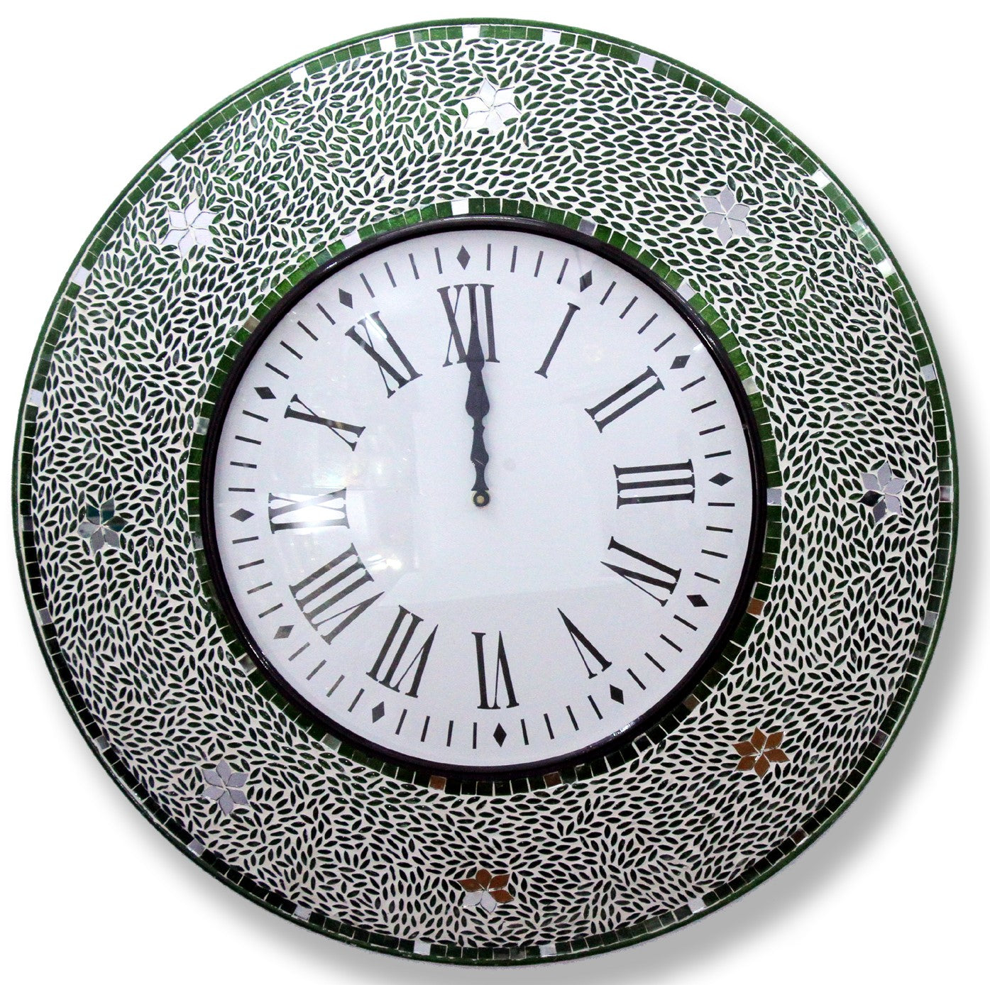 Green Handcrafted Mosaic Wall Clock with Roman Numerals - Stylish Decorative Accent - Nestern