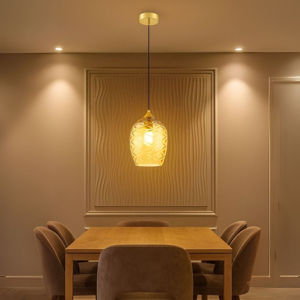 Elegant Amber, Green & Coffee Glass Pendant Light With Textured Metal Fixture