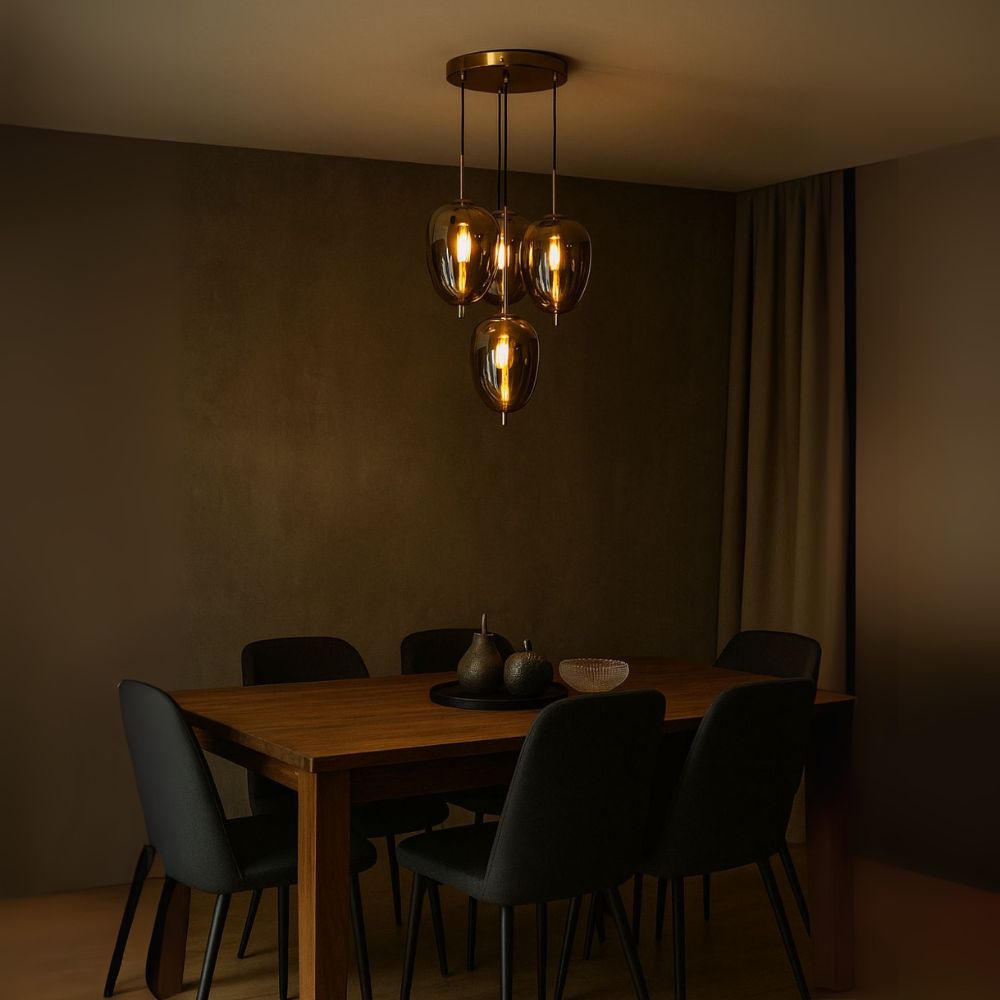 Elegant 4-Light Ceiling Lamp - Antique Gold With Smoke Grey Glass Chandelier