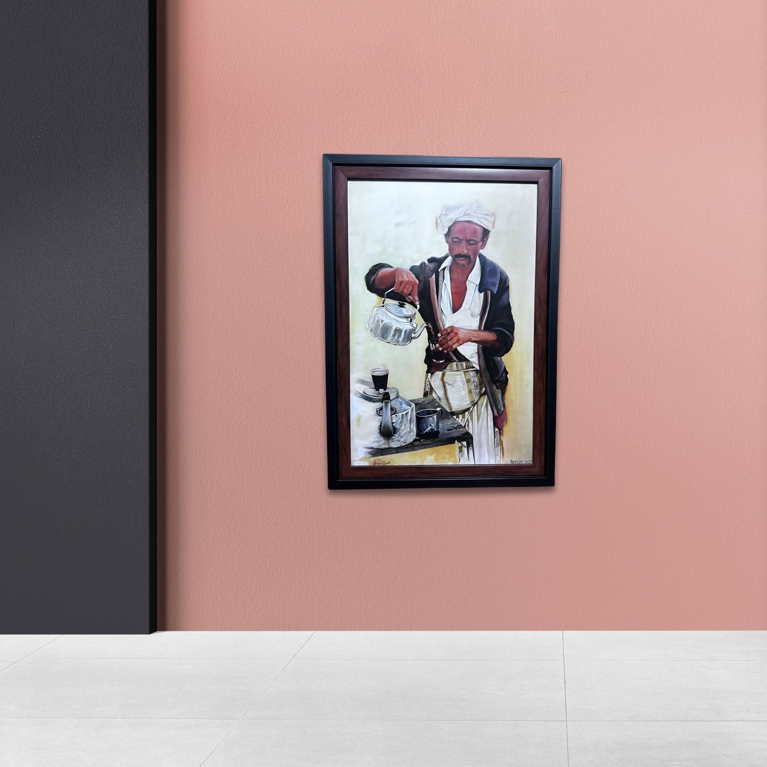 Traditional Coffee Ceremony Art - Framed Ethnic Wall Painting Of Barista Pouring