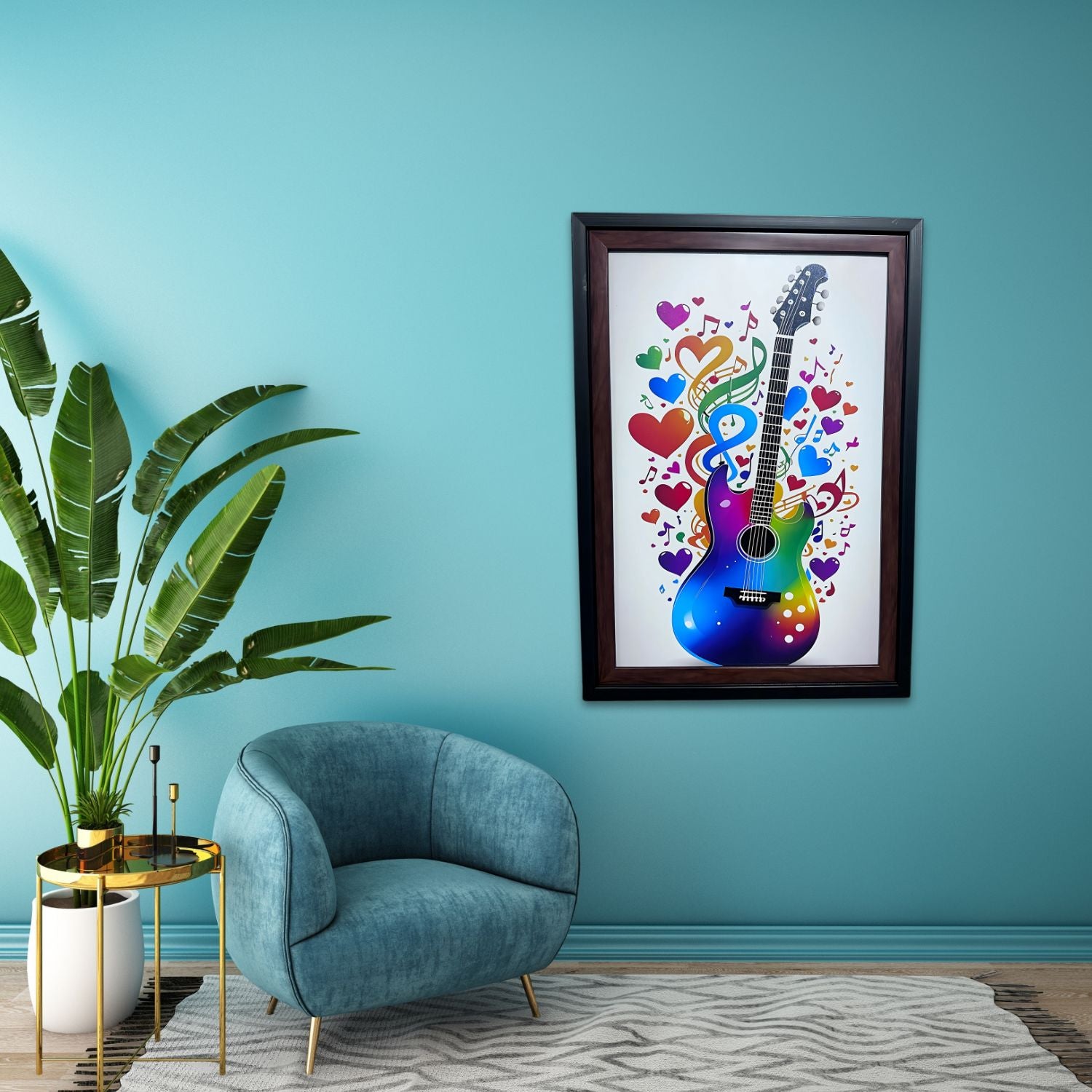 Colorful Guitar Wall Art with Musical Notes - Vibrant Framed Decor Print