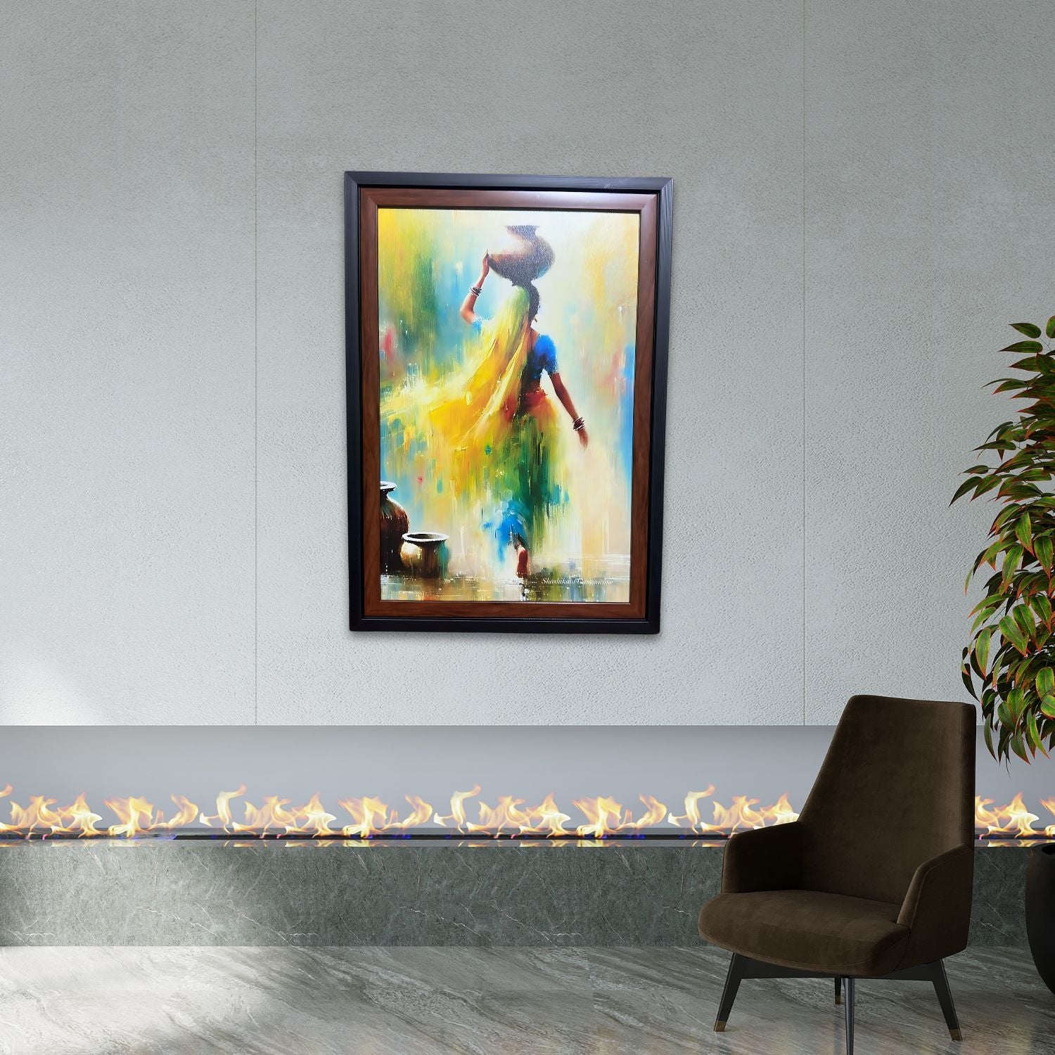Graceful Indian Village Woman Painting With Pot - Framed Wall Art Decor