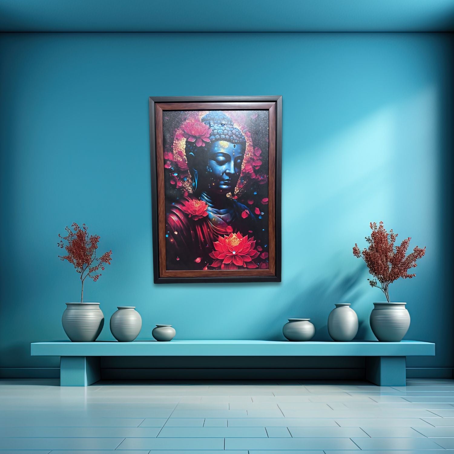 Peaceful Blue Buddha With Lotus Flowers Spiritual Wall Art Decor
