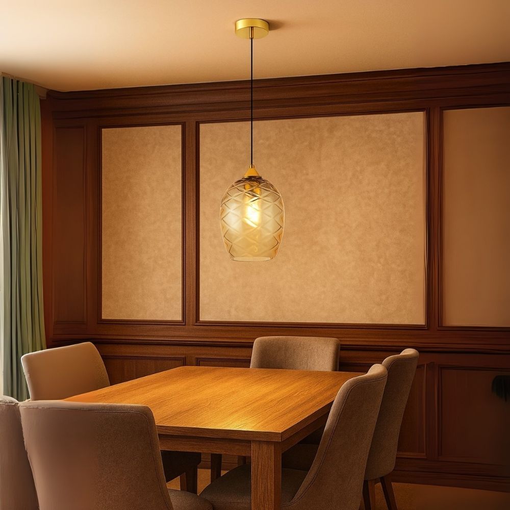 Elegant Amber, Green & Coffee Glass Pendant Light With Textured Metal Fixture