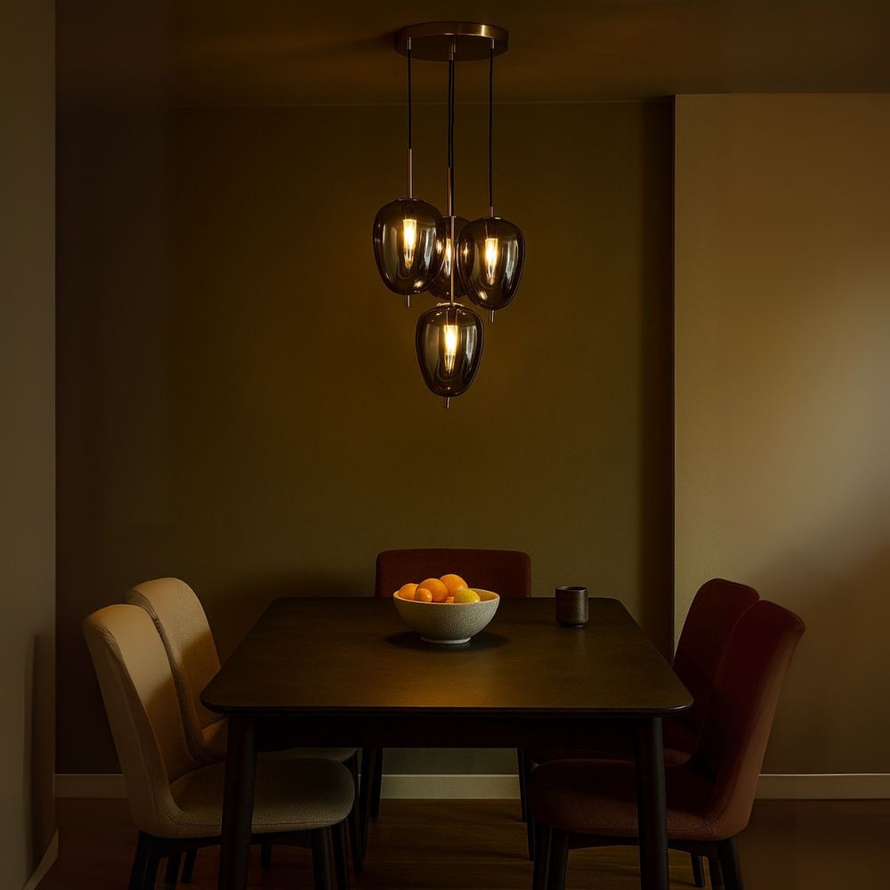 Elegant 4-Light Ceiling Lamp - Antique Gold With Smoke Grey Glass Chandelier