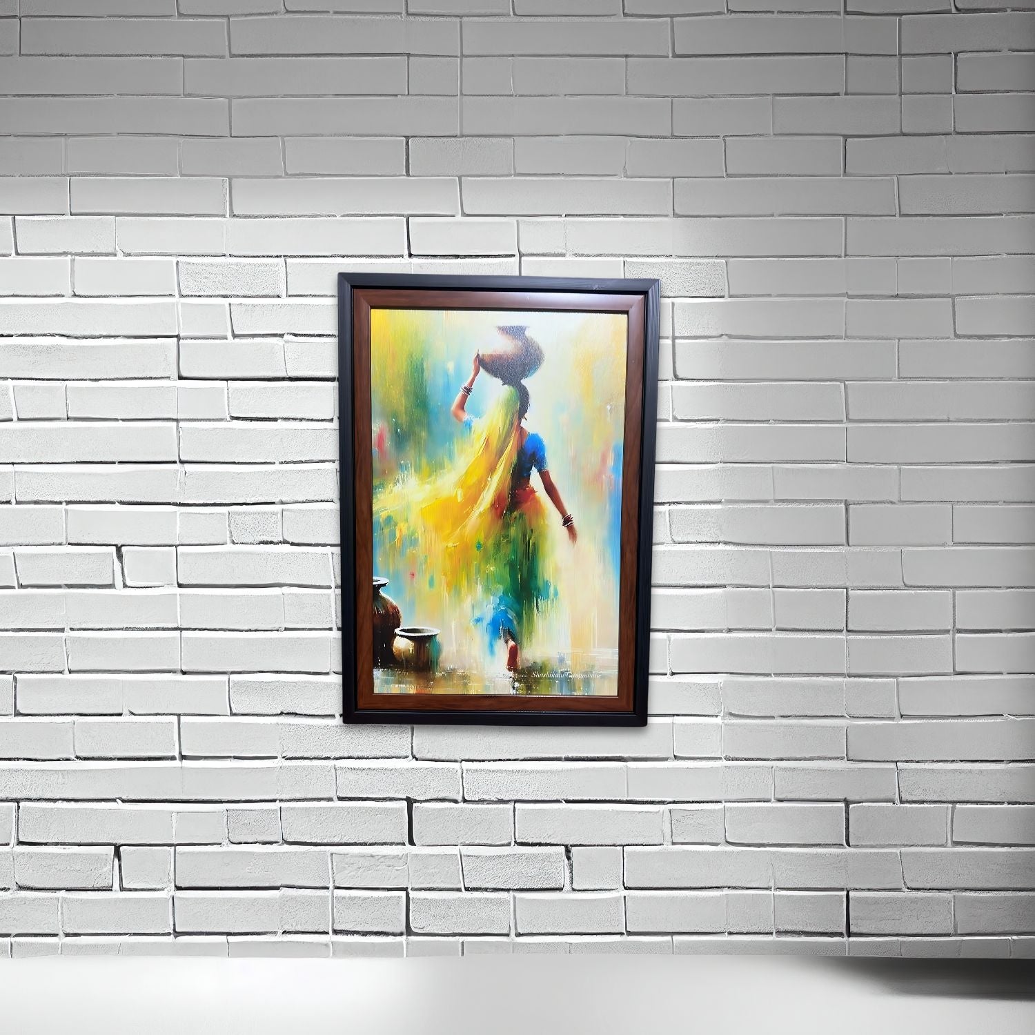 Graceful Indian Village Woman Painting With Pot - Framed Wall Art Decor