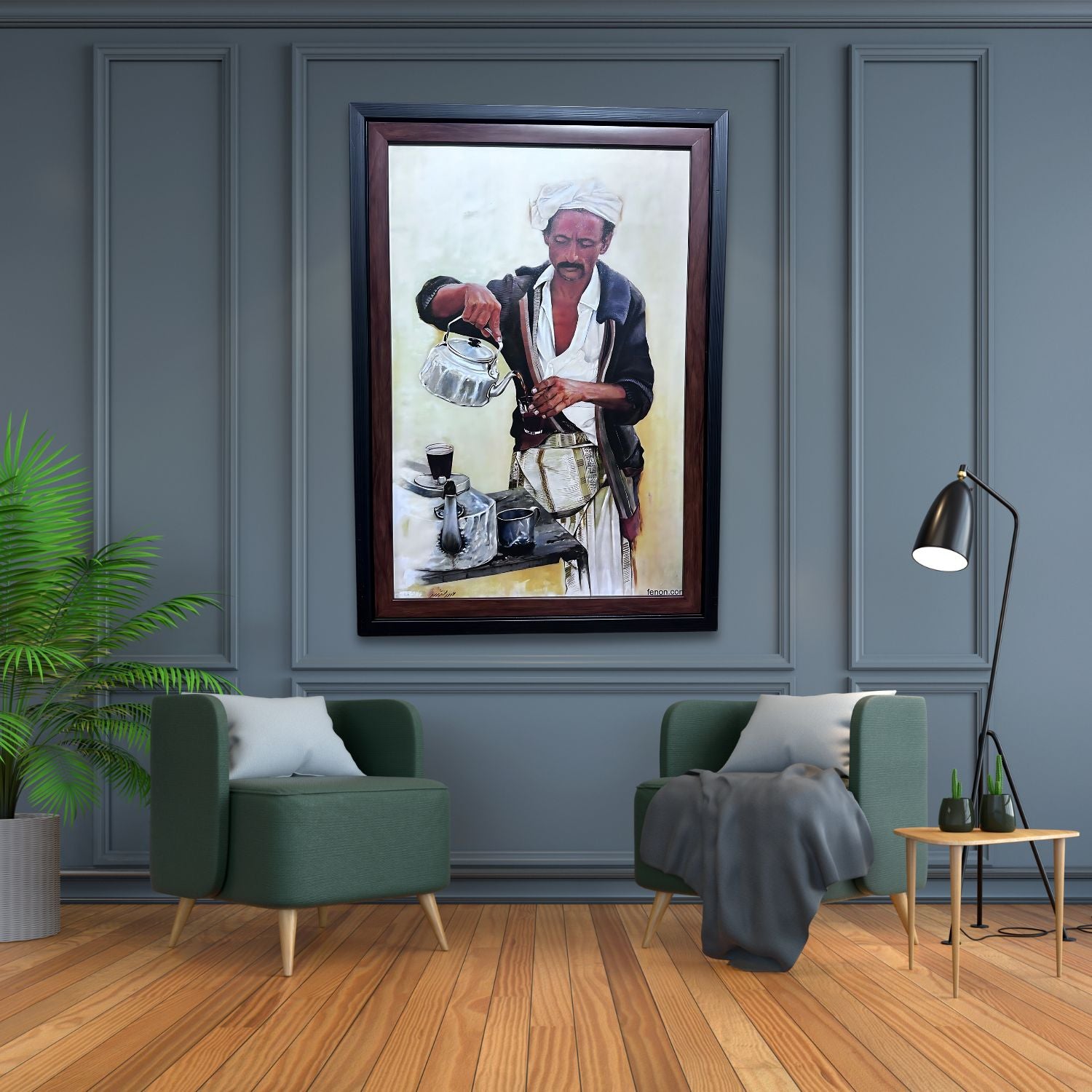 Traditional Coffee Ceremony Art - Framed Ethnic Wall Painting Of Barista Pouring